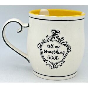 Katie Mandy Mug "Tell Me Something Good" Yellow Polka Dot Interior Coffee 14oz.